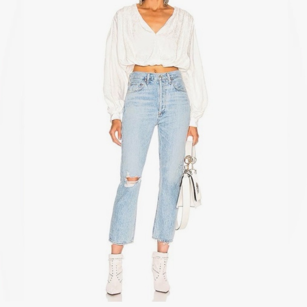 AGOLDE Jeans Riley High Rise Straight Crop in Shatter Size 32 Distressed Raw Hem